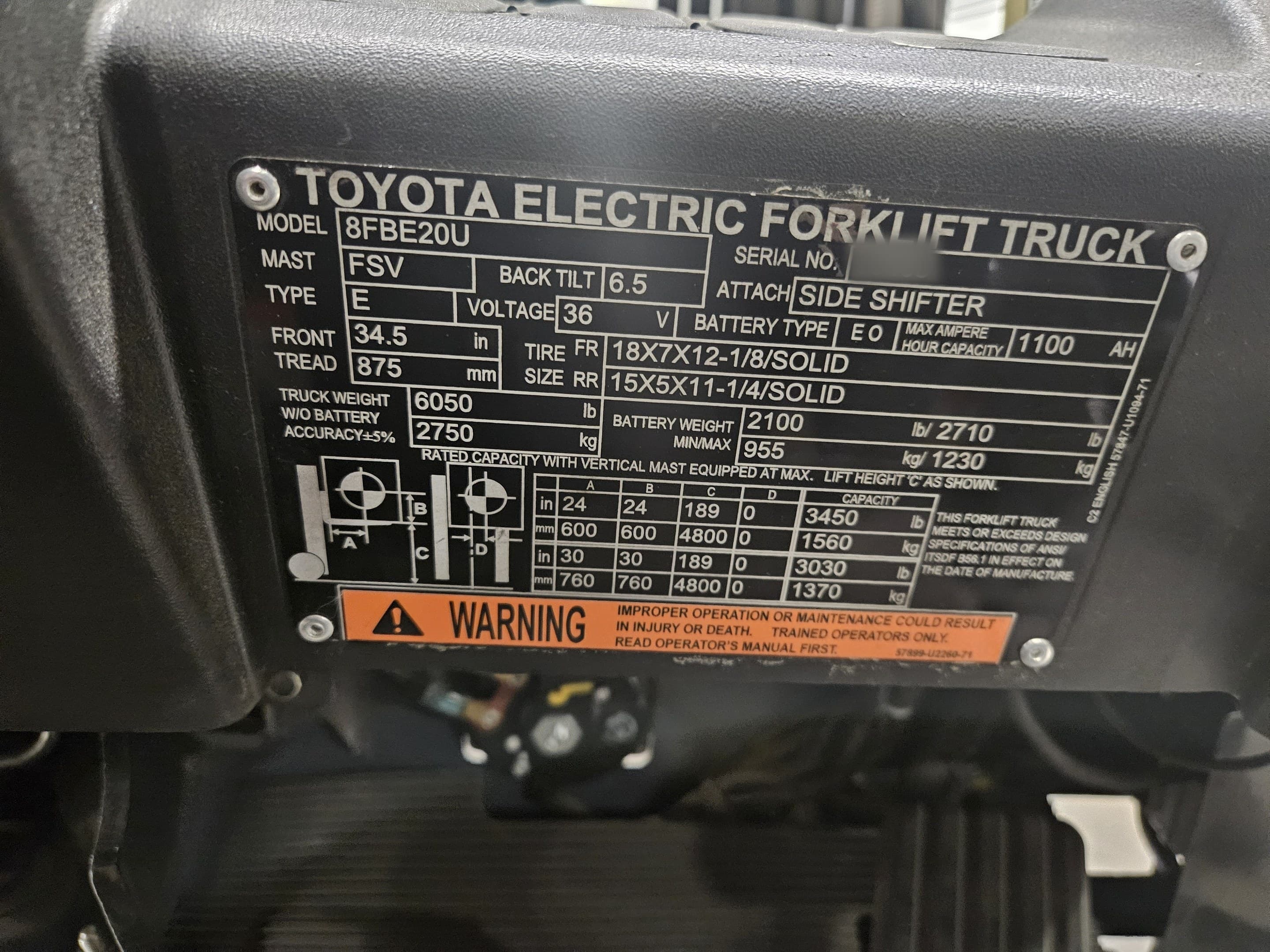 Redacted Toyota forklift data plate used for sample OCR extraction